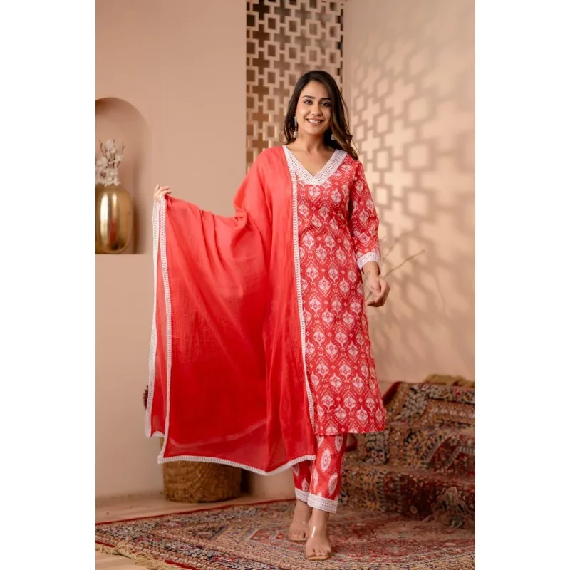 Red Color Printed Kurta Palazzo with Dupatta Set Women Salwar Kameez Suit Kurti