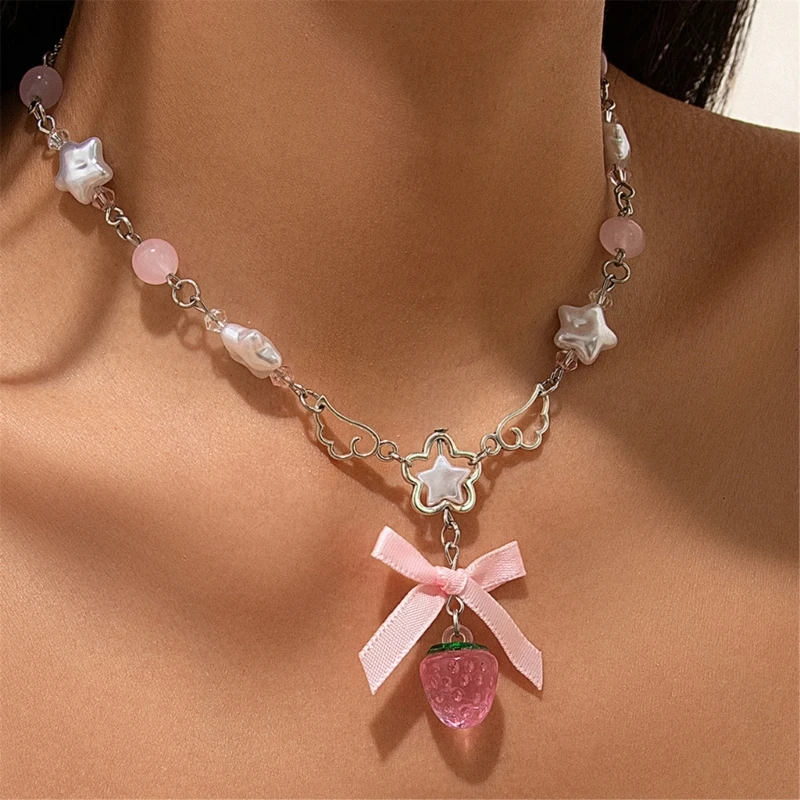 2025 New Cute White Pentagram Pink Bowknot Strawberry Pendant Choker Necklace Goth Vintage Y2K Girls Sweet Jewelry Accessories