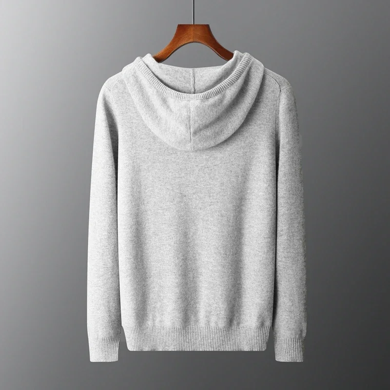 100% Merino wool men's thick sportswear long sleeved sweater autumn and winter hooded knitted hooded sweatshirt