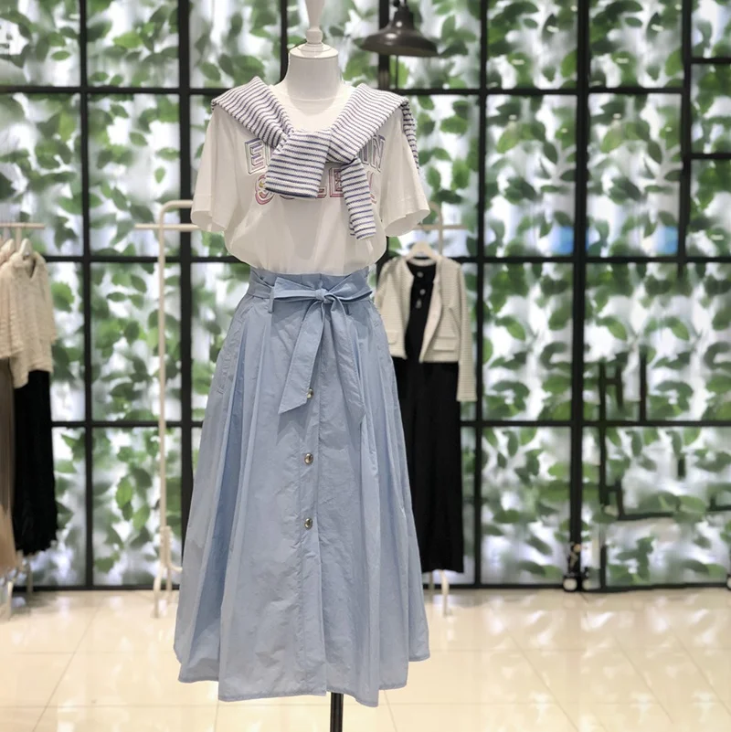 

Korean Sle Commute High Waist f Skirt with Dstring And kets A-Line Midi Skirt for Women Spring Summer Pure Color