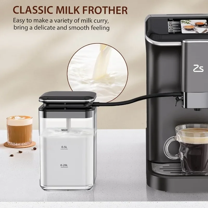 Fully Automatic Espresso Machine with Automatic Milk Frother, 20 Bar Built-In & Adjustable Espresso Bean Grinder