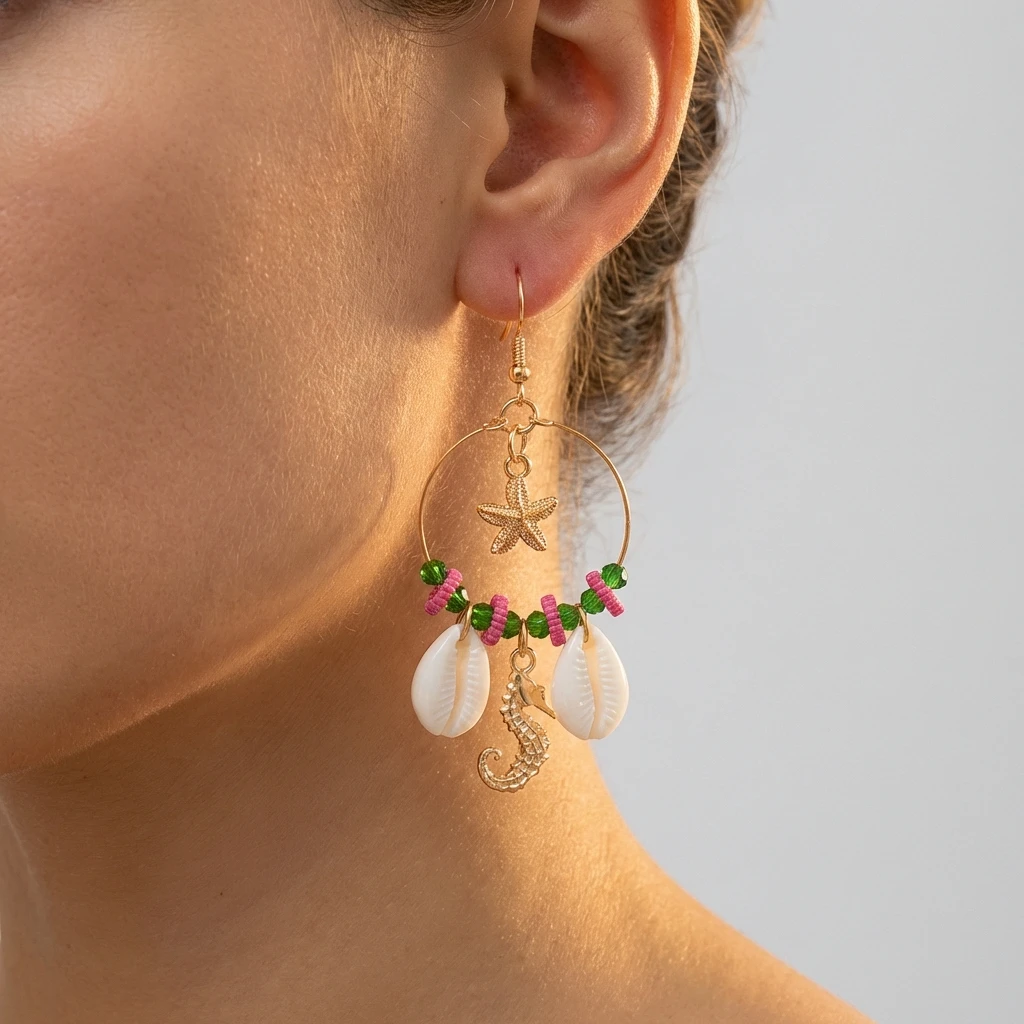 Böhmische Reisperlen-Ohrringe mit Großen Kreisen für Frauen, Seestern-, Muschel-, Schnecken- und Seepferdchen-Anhänger, Sommer-Strand-Party-Schmuck – Detail 3