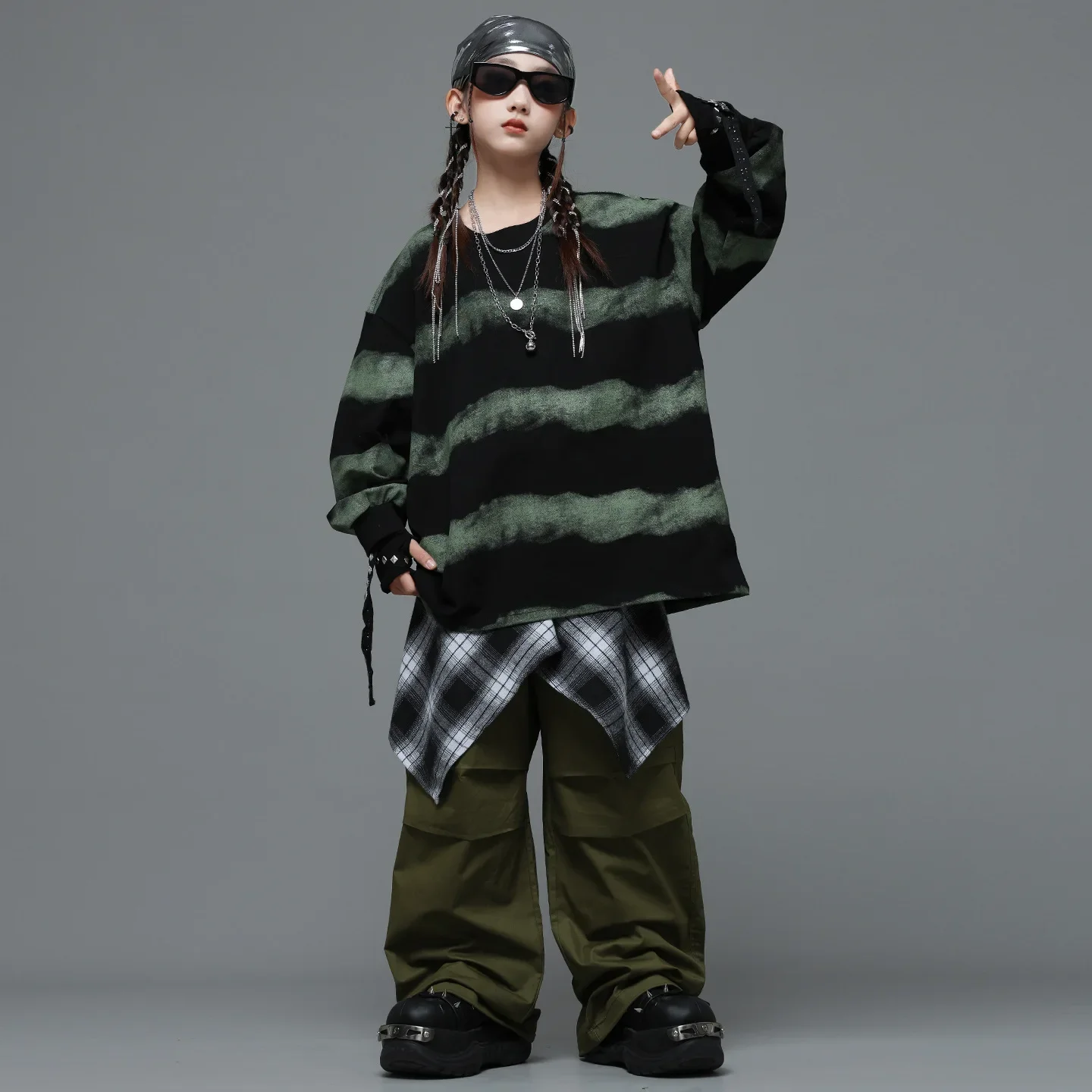 Kind Kpop Hip Hop Kleidung Schwarz Gestreiftes Sweatshirt Armee Grün Fallschirm Cargo Hosen für Mädchen Junge Street Dance Kostüme Kleidung