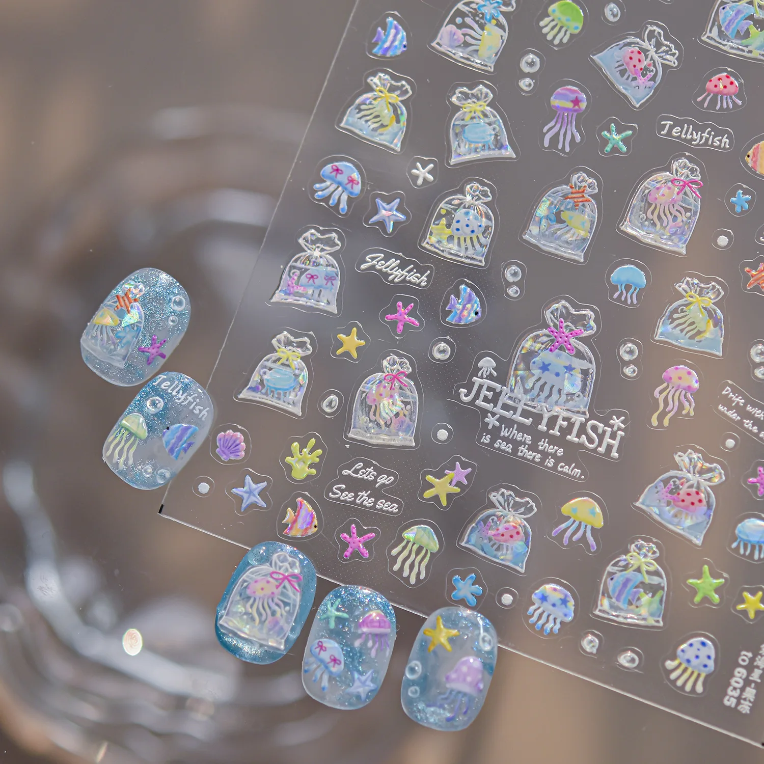 Cute Ocean Jellyfish Water Bag Bubble Angelfish Starfish Coral Summer Ocean Shell Wave Adhesive Nail 5D Stickers Manicure Decals