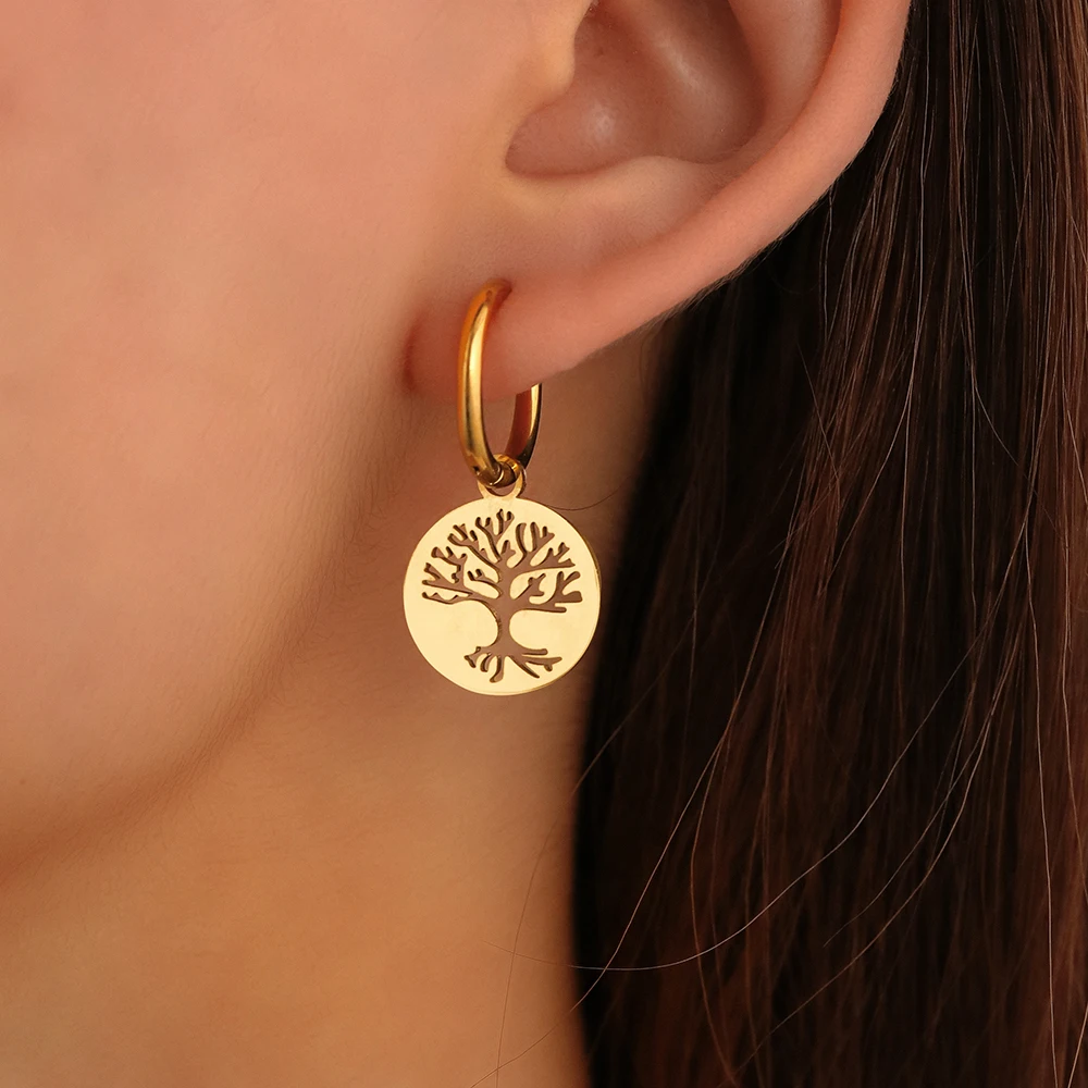 Stainless Steel Earrings Vintage Fortune Tree Pendants Noble Popular Golden Metal Female Hoop Earrings For Women Jewelry Gifts