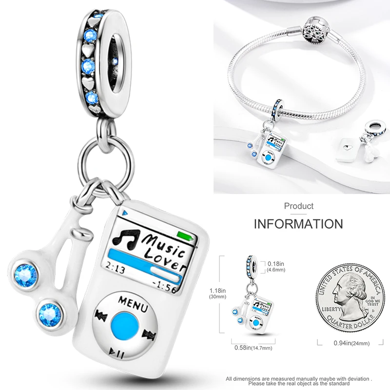 2026 Neuer Musik-Charm aus 925 Sterling Silber, Musiknoten-, Kopfhörer- und Gitarren-Anhänger, passend für europäische Armbänder, DIY-Geschenk für Frauen – Detail 8