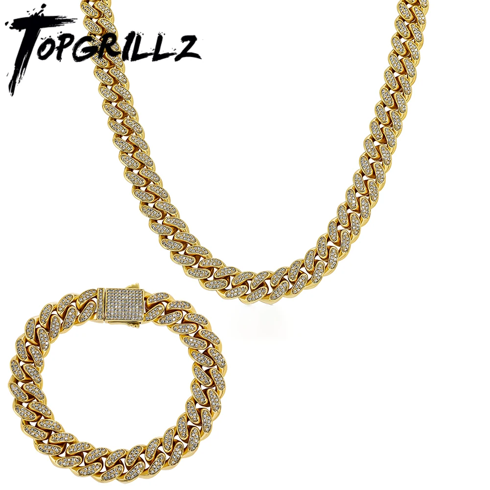 

TOPGRILLZ Jewelry Set 12MM Miami Zircon Cuban Chain Iced Out CZ Bling Choker Necklaces & Bracelets Hip Hop Jewelry For Men