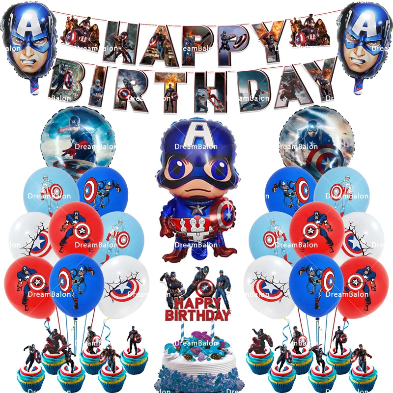 Captain America Foil Balloon Steve Rogers Latex Ballon Happy Birthday Banner Superhero Party Decoration The Avengers Cake Topper