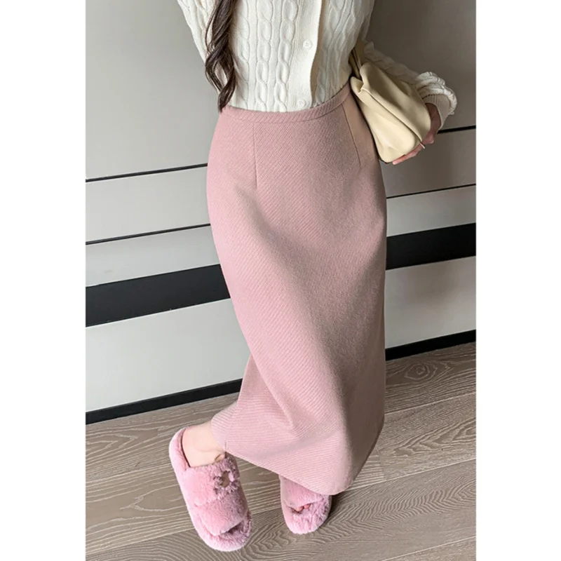 

Pink Wool Skirt Women's Autumn and Winter High Waist Slimming Slit Hip Skirt Pear Shapes Step Mid-Length Skirt