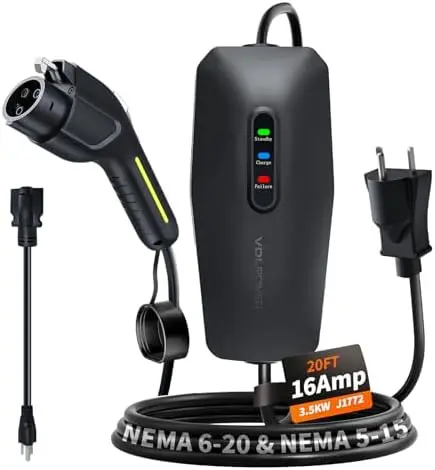 

Portable Level 1&2 EV Charger, 3.5KW 16A, 20FT Cable, 110V-240V, NEMA 6-20 & 5-15, SAE J1772-Compatible