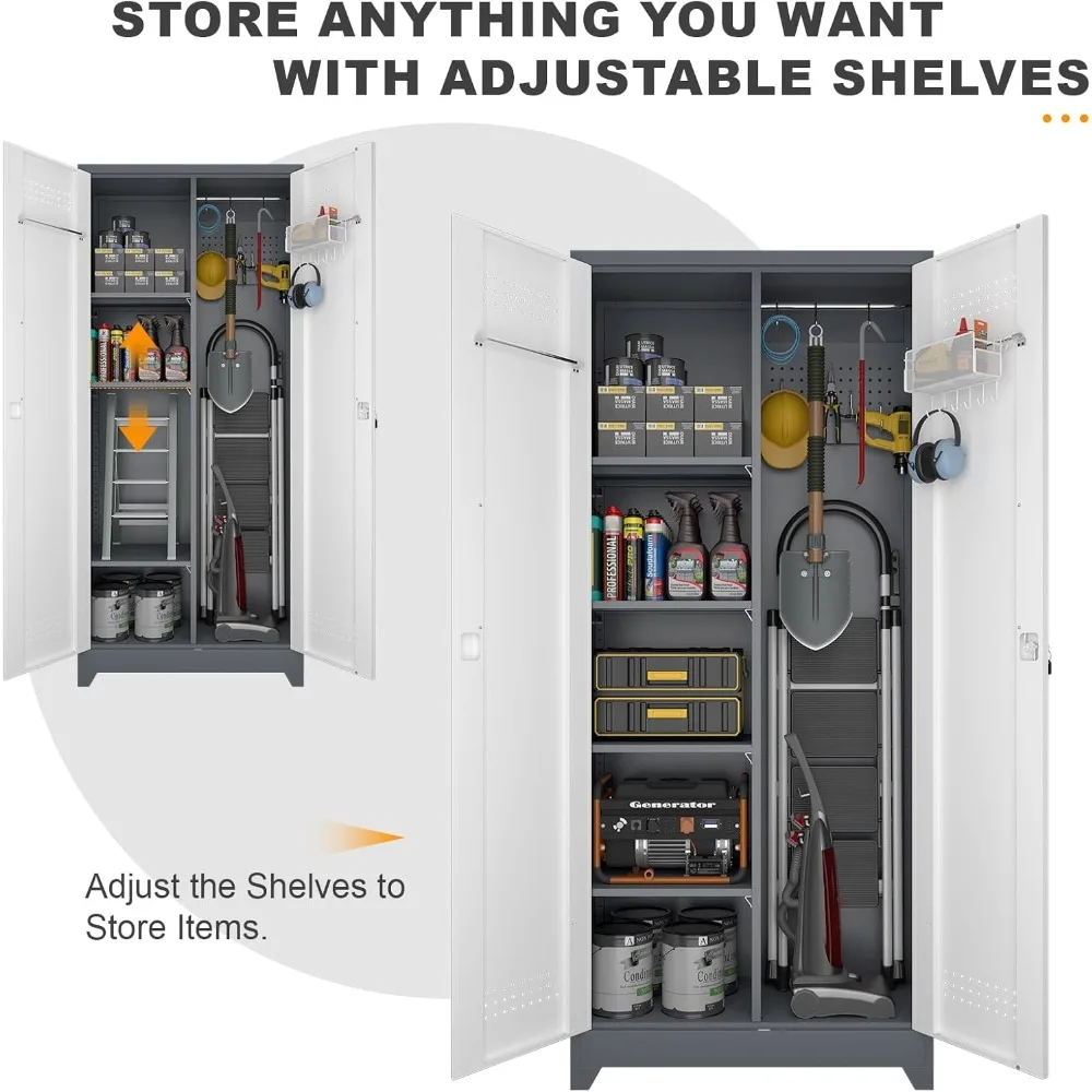 خزانة أدوات معدنية طويلة مع أرفف وقضيب تعليق وباب قفل لتخزين المكنسة #6