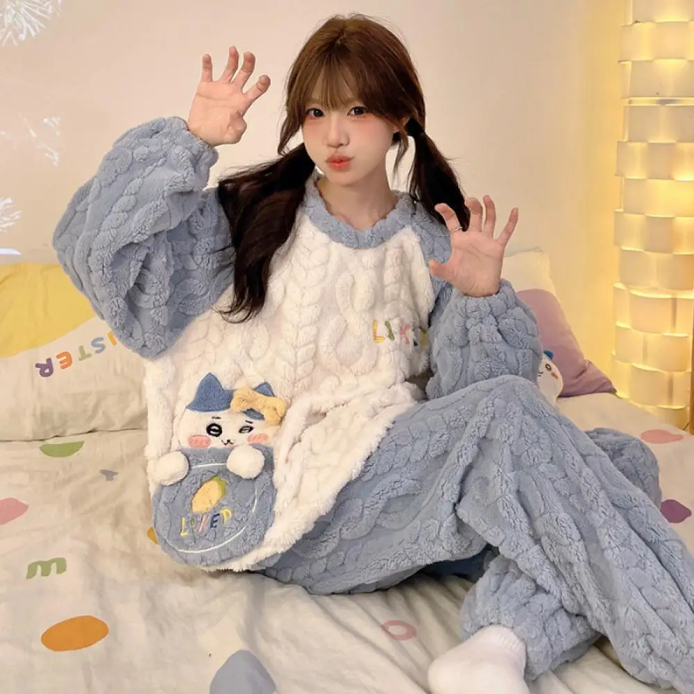 Cute Chiikawa Women Warm Coral Fleece Pajamas Set Kawaii Autumn Winter Thicken Home Clothes Girl Cartoon Thicken Cute Tops Pants