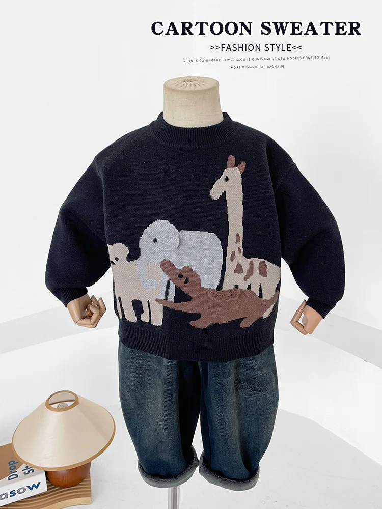 

Winter 2025 New Korean Cartoon Jacquard Sweater for Kids, Cute Knitted Pullover for Boys & Girls, Thick and Warm