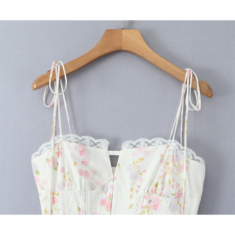 Elegante floral impressão sling mini vestido para mulheres sexy rendas retalhos cintura baixa a linha vestidos 2025 novo verão festa de férias robe