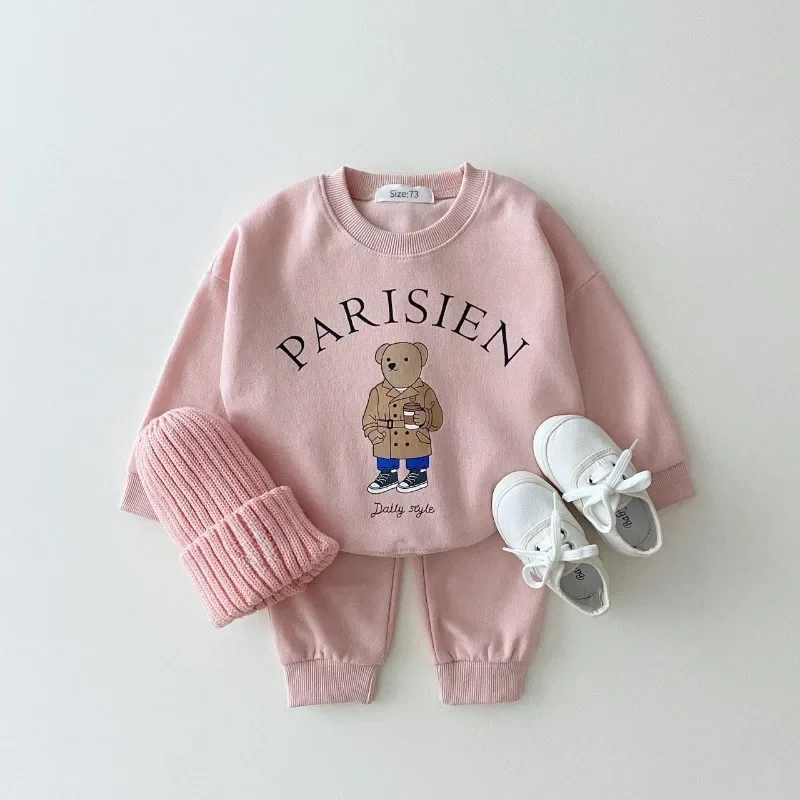 Ensemble de vêtements coréens pour bébés garçons, sweat à capuche décontracté à manches longues, sweat-shirt et pantalon, vêtements pour enfants, vêtements de sport trempés, lettre ours, filles, nouveau, 2 pièces, 2023