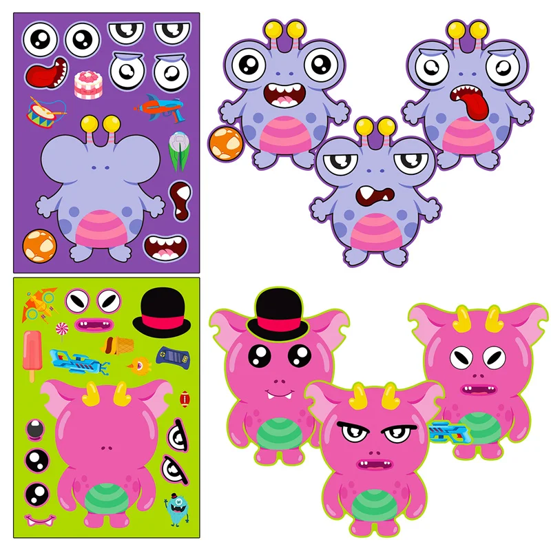 Make a Monster Face Stickers Sheets For Kids 6-24PCS Puzzle Jigsaw Stickers DIY Toys Children Boys Girls Party Games Gifts