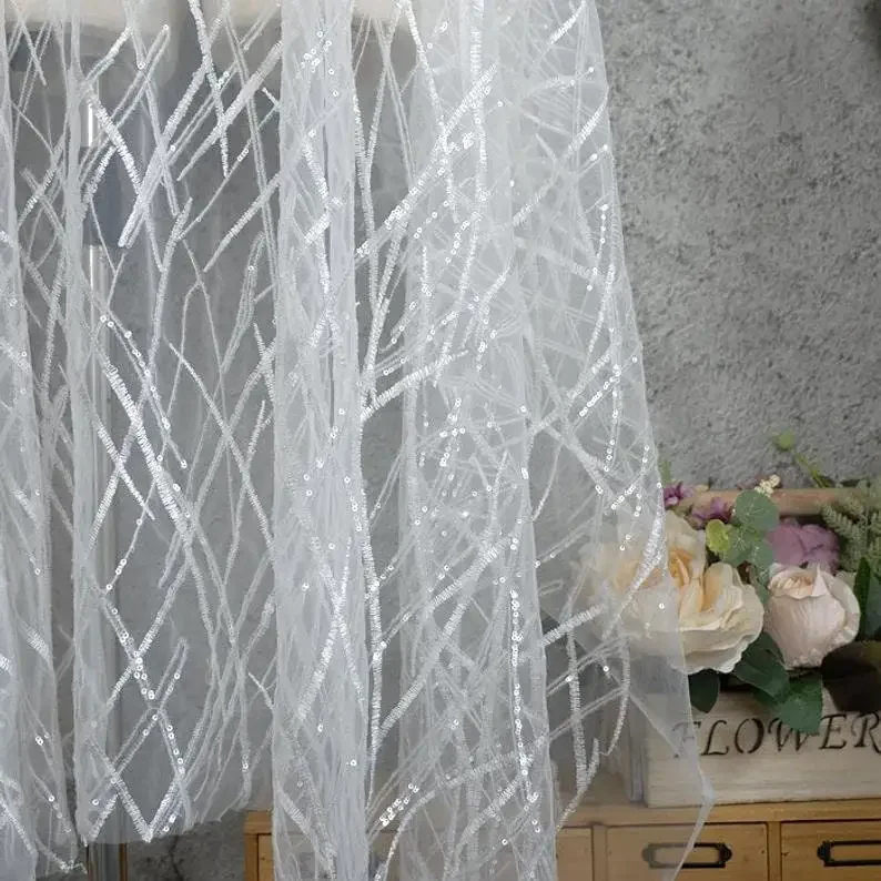 Tela de encaje de lentejuelas pesadas, bordado de flores, tela de tul blanco suave para encaje de boda, vestido de novia, velo de encaje de 51 "de ancho