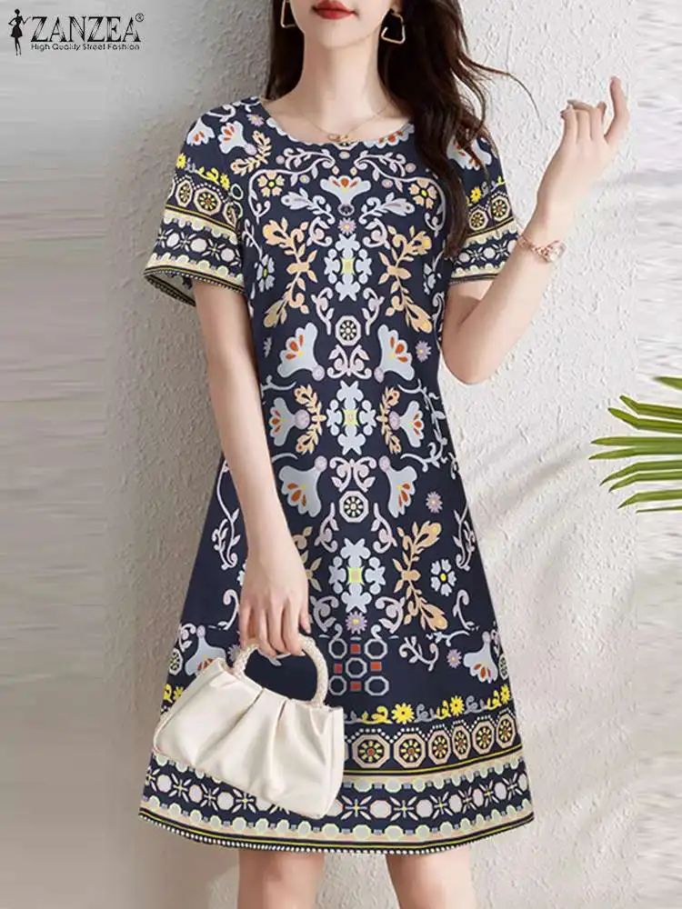 ZANZEA 2024 Summer Ethnic Printing A-line Sundress Casual Women Fashion Short Sleeve Short Vestidos O Neck Knee-length Dress