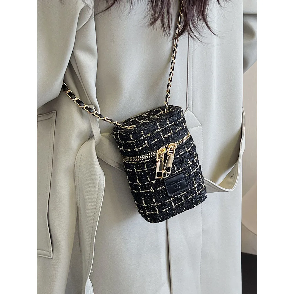 Women Fashion Tweed Mini Bucket Bags Plaid Print Flap Chain Shoulder Bags Female Casual Shopping Messenger Phone Pack