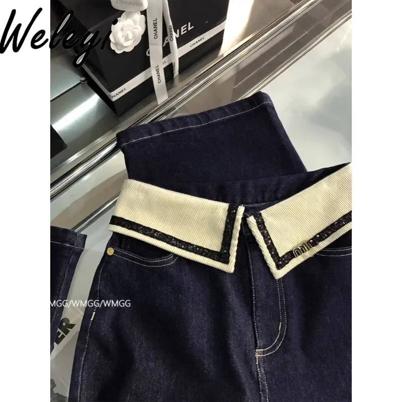 Amerikaanse streetwear blauwe stretch jeans dames 2024 herfst dames hoge taille recht dweilen wijde pijpen micro-uitlopende denim broek