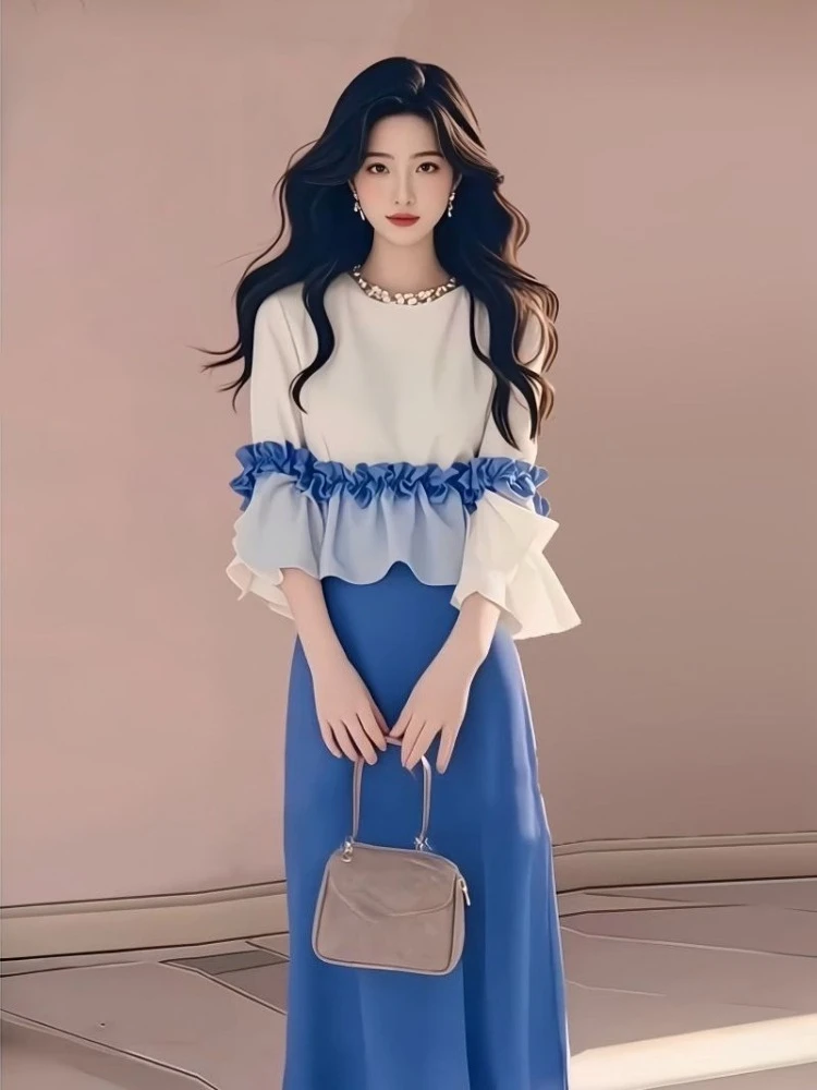 

Elegant Fashion O-neck Long Sleeve Ruffles Top Women+ Y2k High Waist Bodycon A-line Skirts 2025 Summer New Two Piece Sets