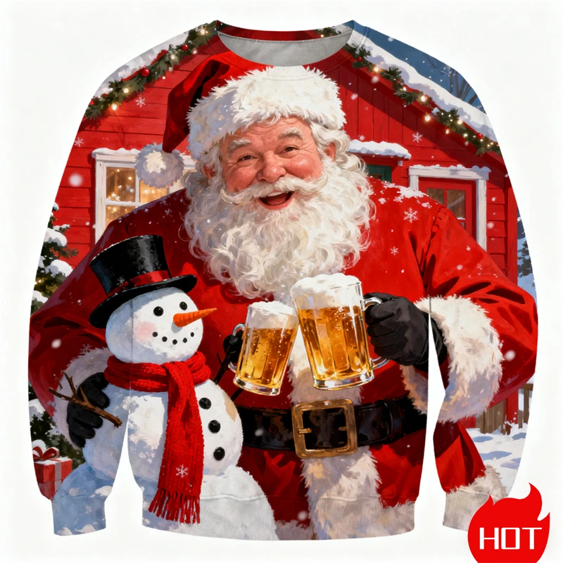 

Santa Claus And Beer O-Neck Hoodies For Men 3D Print Christmas Theme Long Sleeve Pullover Festival Gifts Oversize Casual Clothes