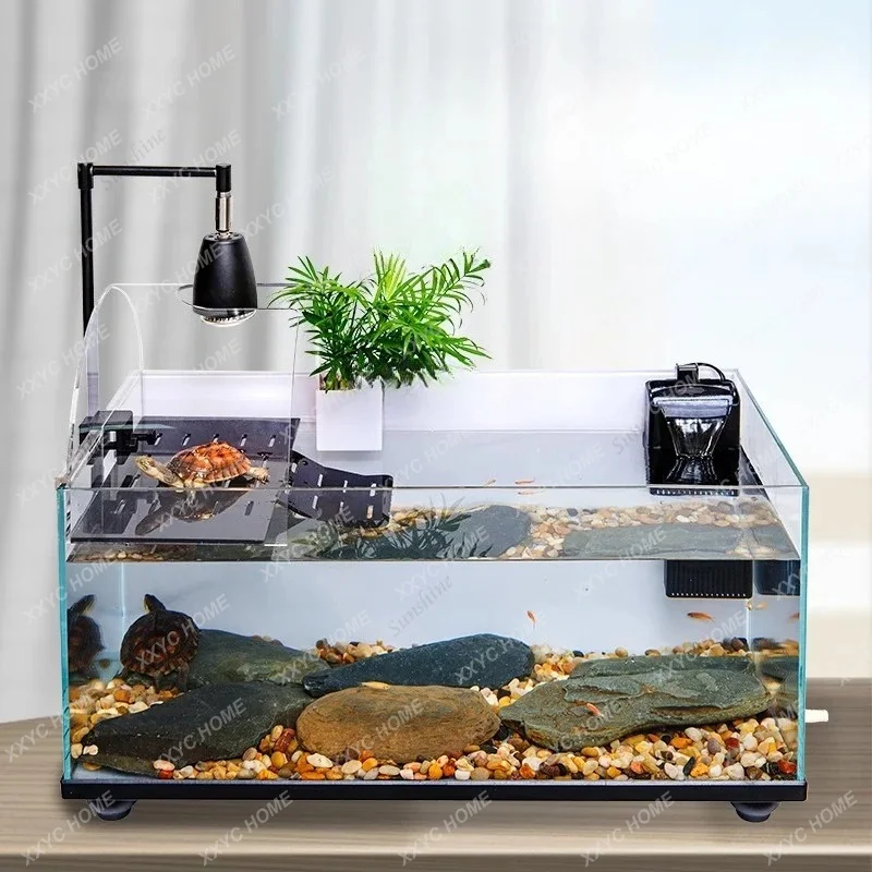 Extra Large Turtle Aquarium with Basking Area, Ultra Clear Glass Bottom Drainage System, Deep Water Fish & Turtle Tank