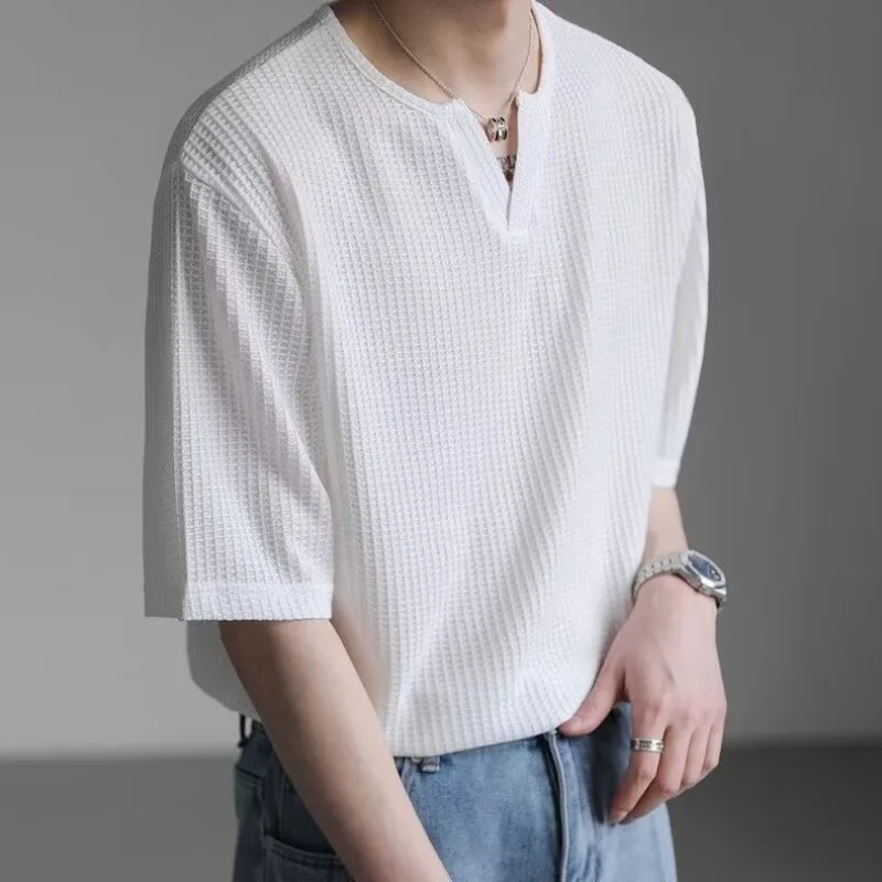 

GELITAYIN New Men Waffle Short Sleeve Fashion V-neck Loose Solid Color T-shirt Cool Lightweight Casual Fitness Trends T Shirts 3