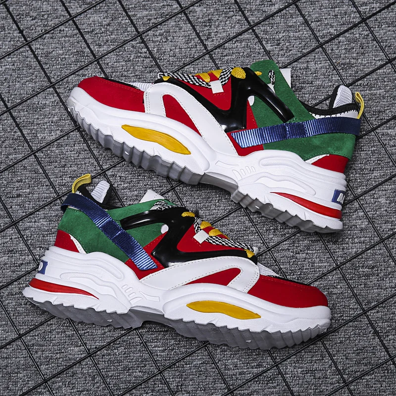 A pair of youth fashion high-top platform sneakers, mixed material stitching, soft cushioned daily sport footwear MF-G890-KH
