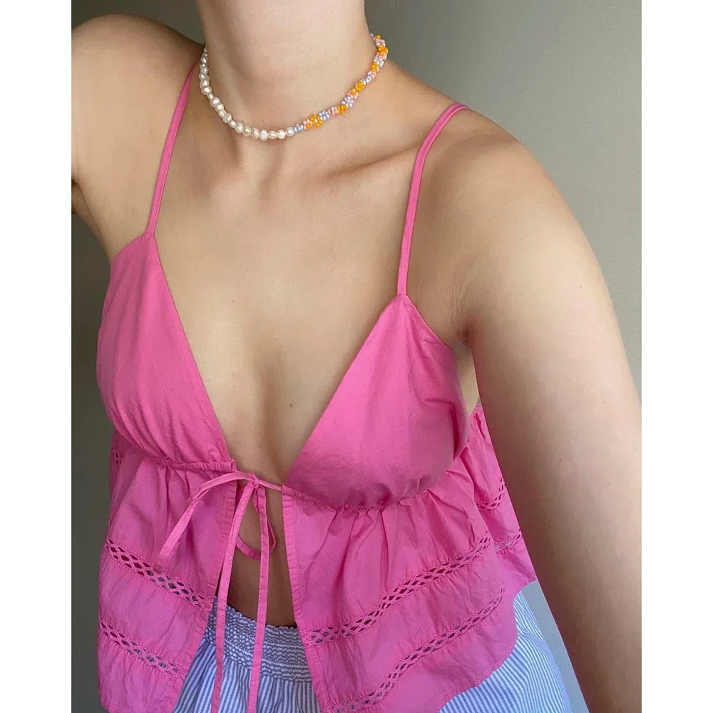 

2025 Women's Y2K Vintage Babydoll Camisoles Solid Color Open Front Tie-up Hollow Out Vest Cropped V-Neck A-Line Tank Tops