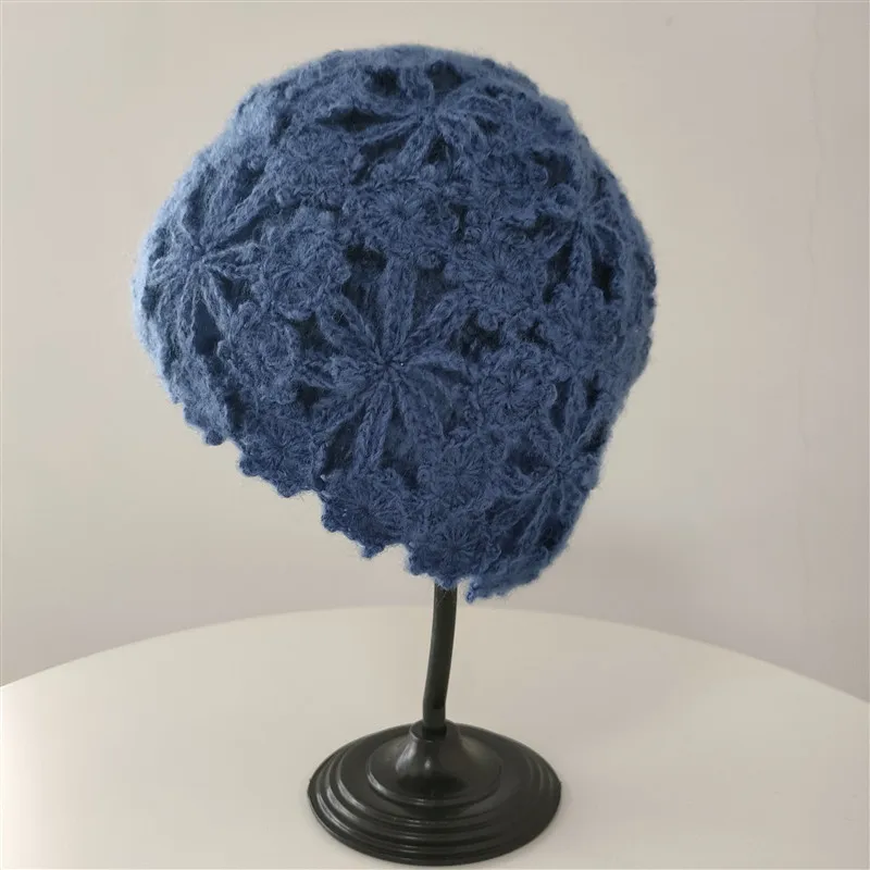 Handmade Soft Hallow Out Design Cap for Women Winter Warm Mohair Artist Knitted Hat Crochet