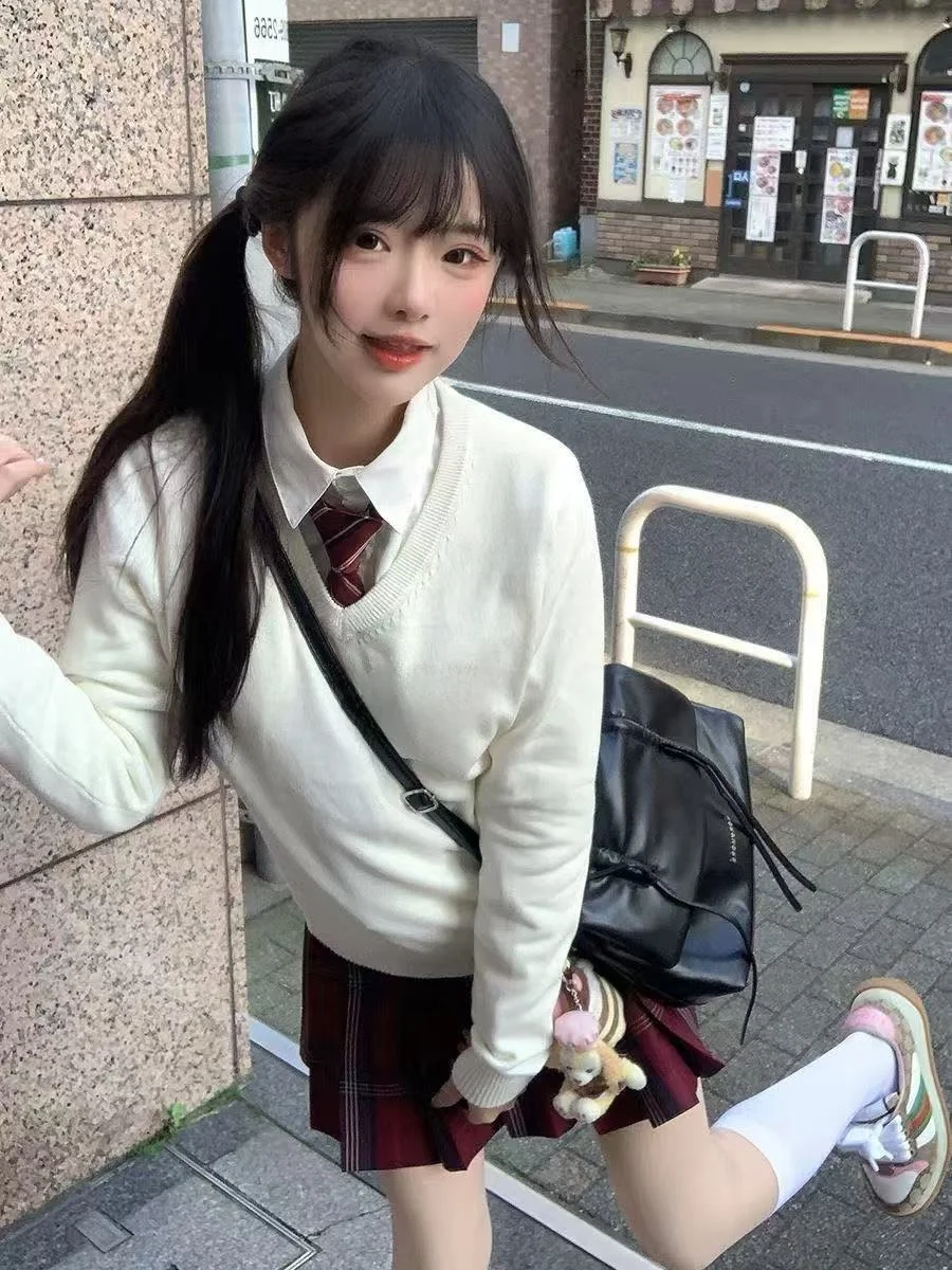 

Японский Sle JK orm Вязаный свитер V-Ne и красная клетчатая юбка, комплект осень-зима, новый топ для колледжа, цветная верхняя часть S...