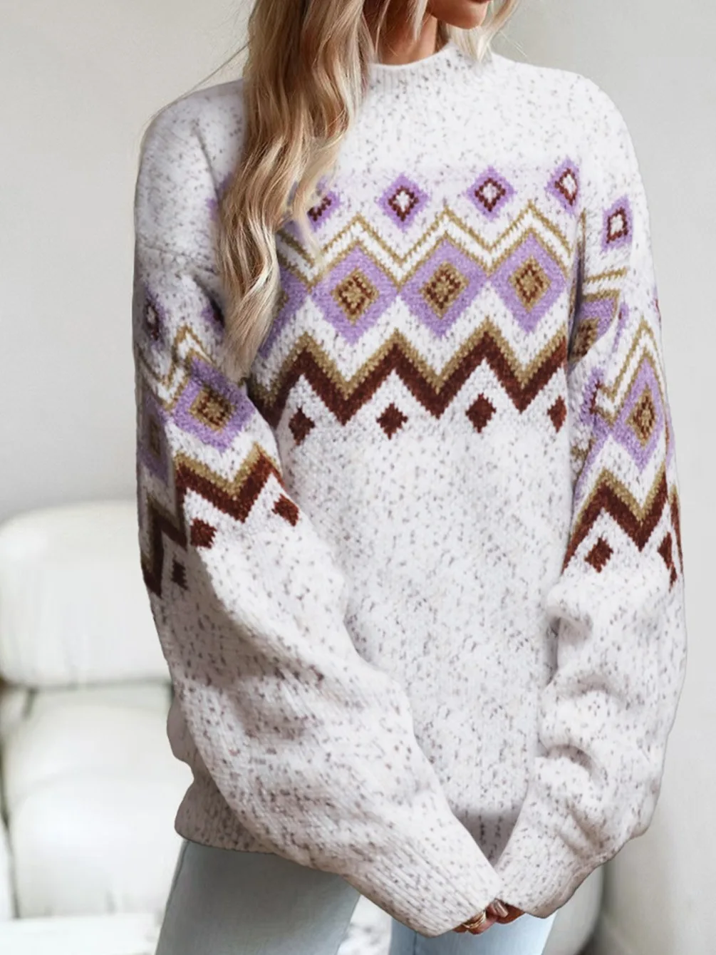 

Свободный вязаный свитер Long Sve round Ne с геометрическим узором и снежинками, моющийся, из мягкого трикотажа из полиэфирного волокна High Ne...