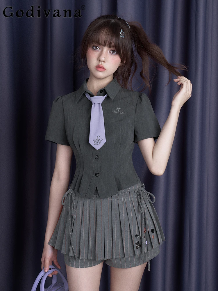 

Summer New College Dark Gray Slim Sweet Cool Short Sleeve Shirt Temperament Girl Turn-down Collar Playful Cute Versatile Top