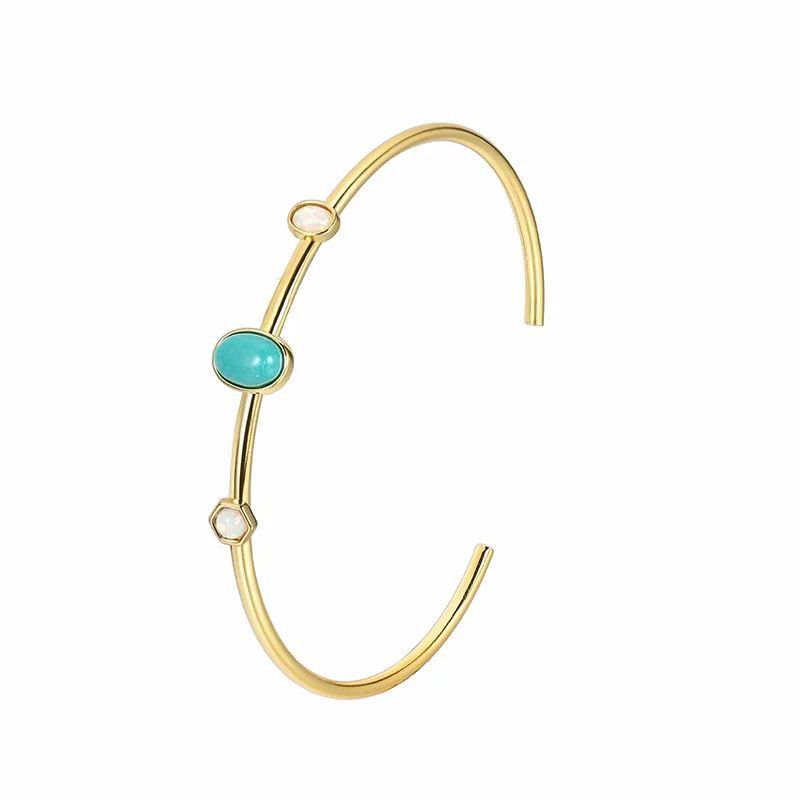 

WT-B703 Natural Turquoise And Opal Stone Thin&Texture Yellow Brass Cuff Bangle Armlet Fashionable Decorative