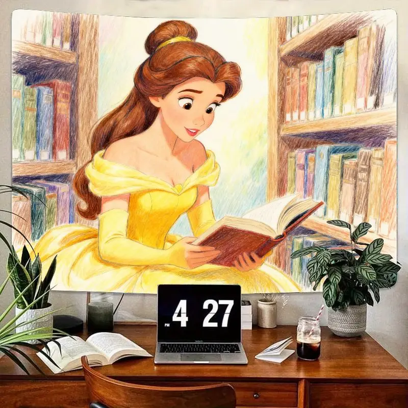 

1 шт., гобелен для чтения принцессы Диснея Белль, настенное искусство «Красавица и чудовище», эстетический декор комнаты в общежитии, полиэстер для любителей книг