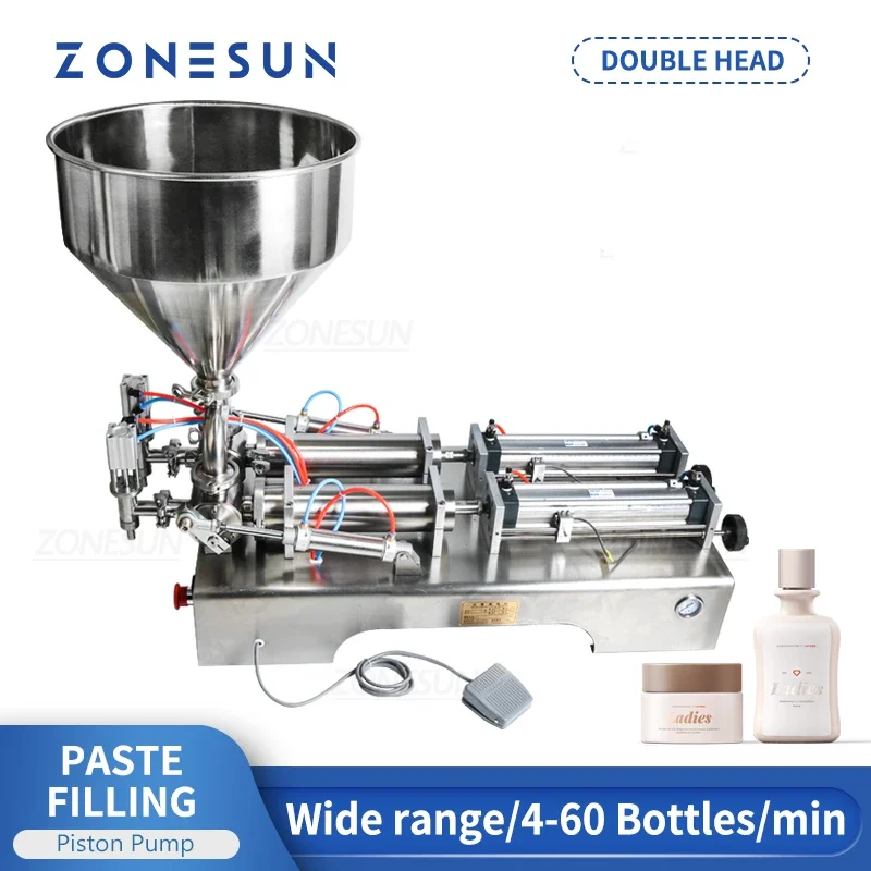 ZONESUN-máquina de llenado neumática automática de doble cabezal, tolva, champú, loción hidratante, aceite cosmético, relleno de agua y miel