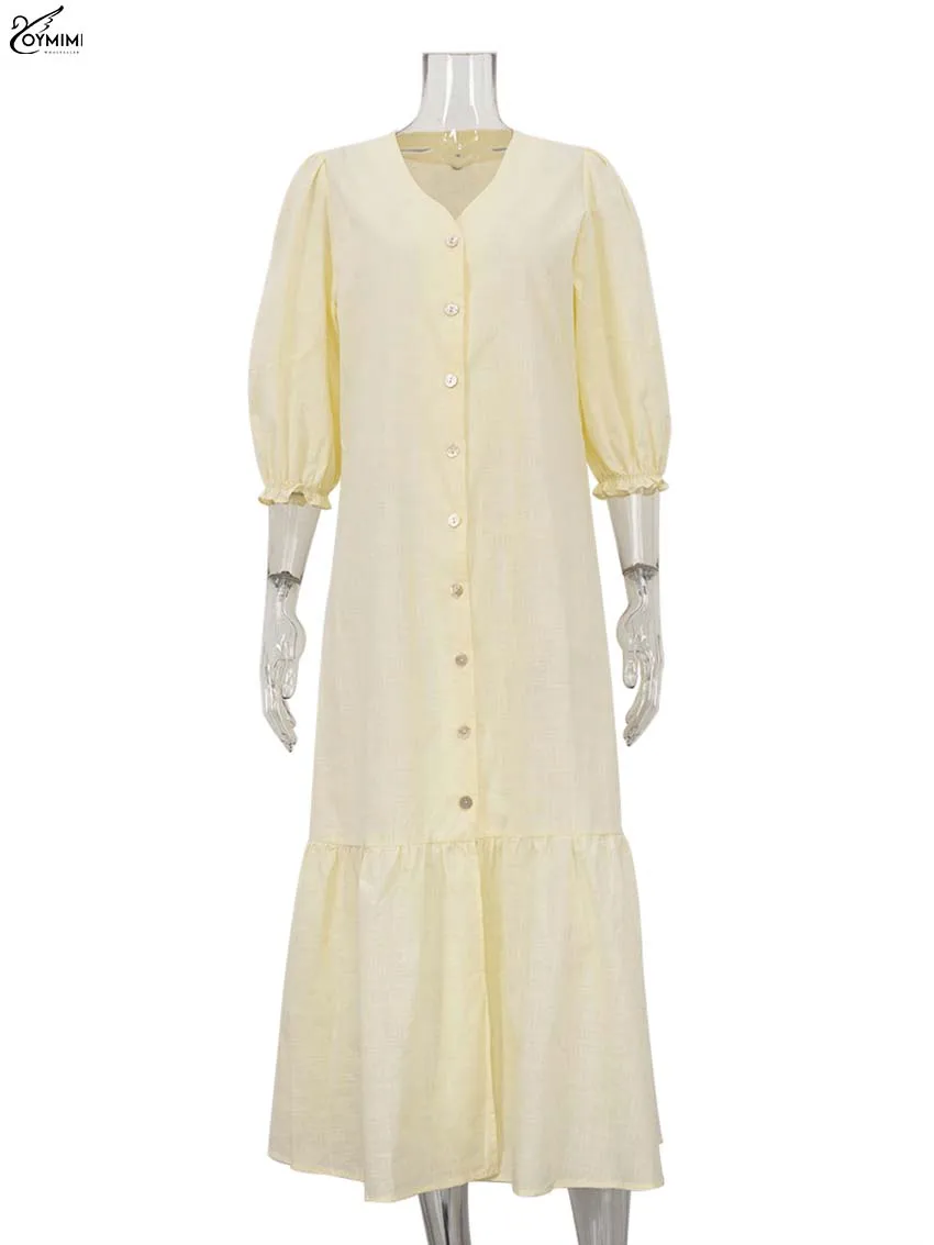 Oymimi elegante abito da donna in cotone giallo moda scollo a v abiti a maniche a tre quarti autunno abito monopetto alla caviglia