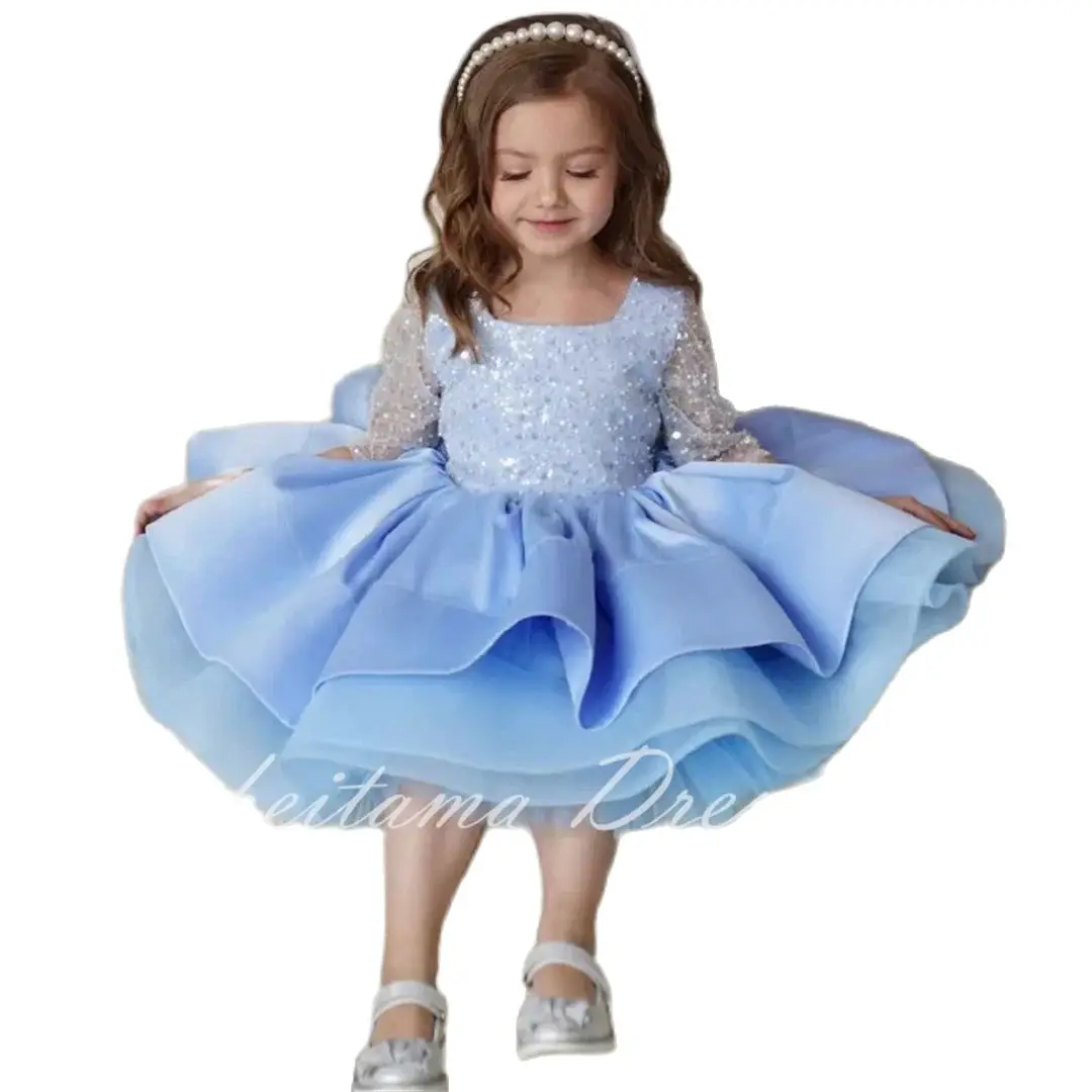 Flower Girl Dresses Satin Tulle Puffy Sequin With Bow Half Sleeve For Wedding Birthday Banquet First Communion Gowns