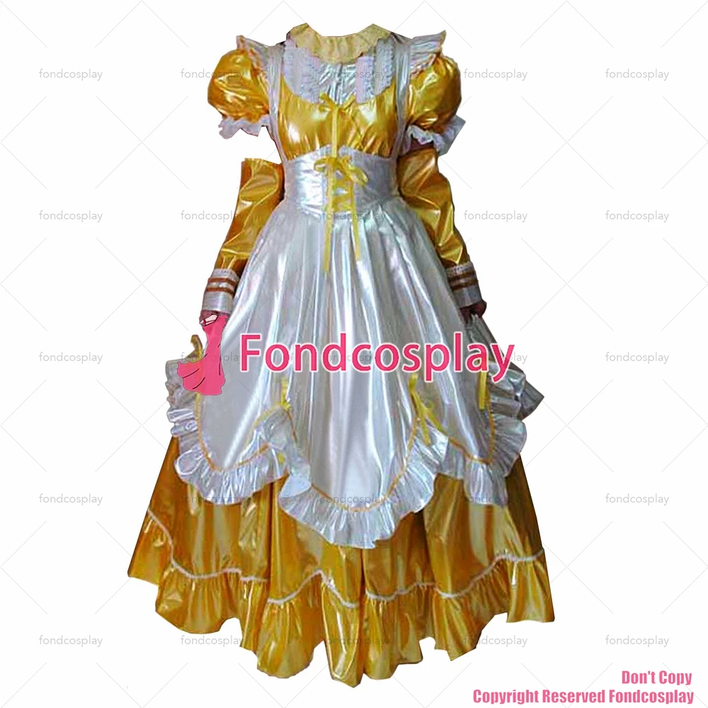 fondcosplay adult sexy cross dressing sissy maid lockable yellow thin PVC Dress vinyl white apron Uniform CD/TV[G1639]