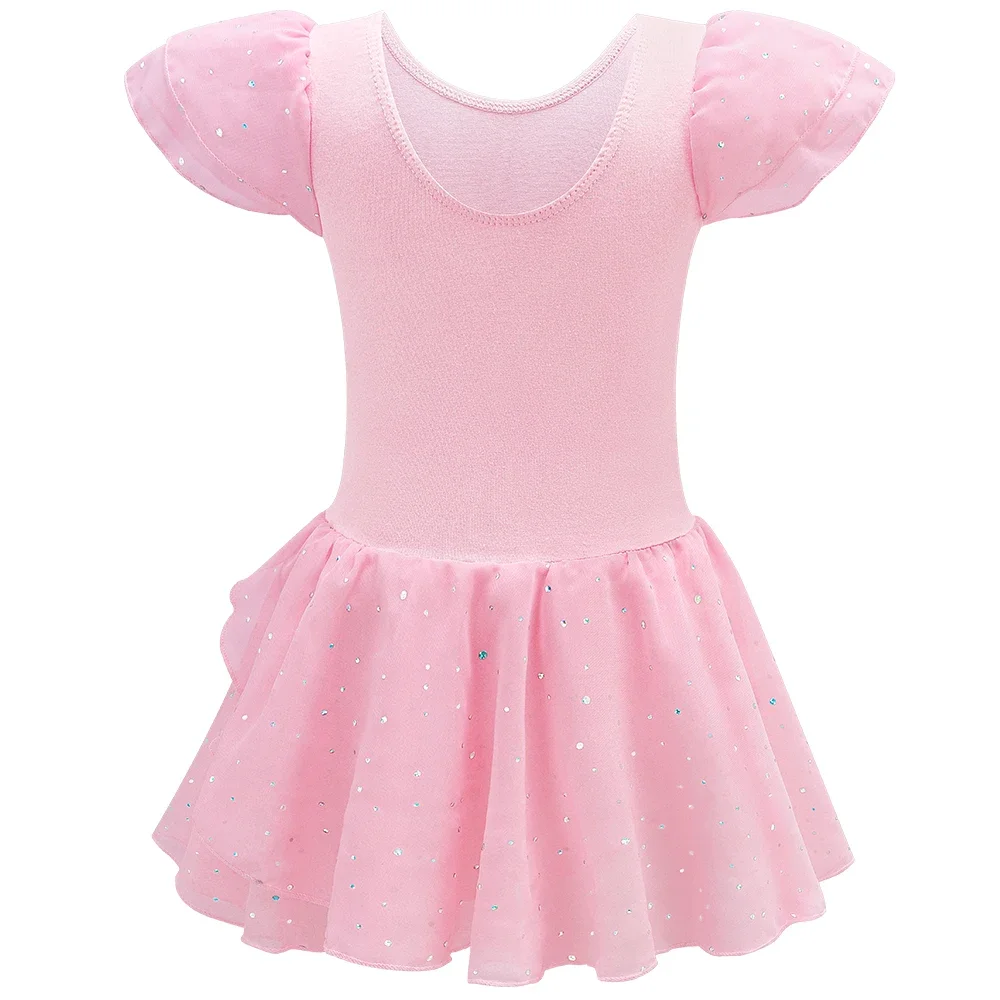 女の子用グリッターレオタード-バレエダンスドレス-チュチュスカート付き-フリルスリーブ-バレエレオタード-パフォーマンス衣装