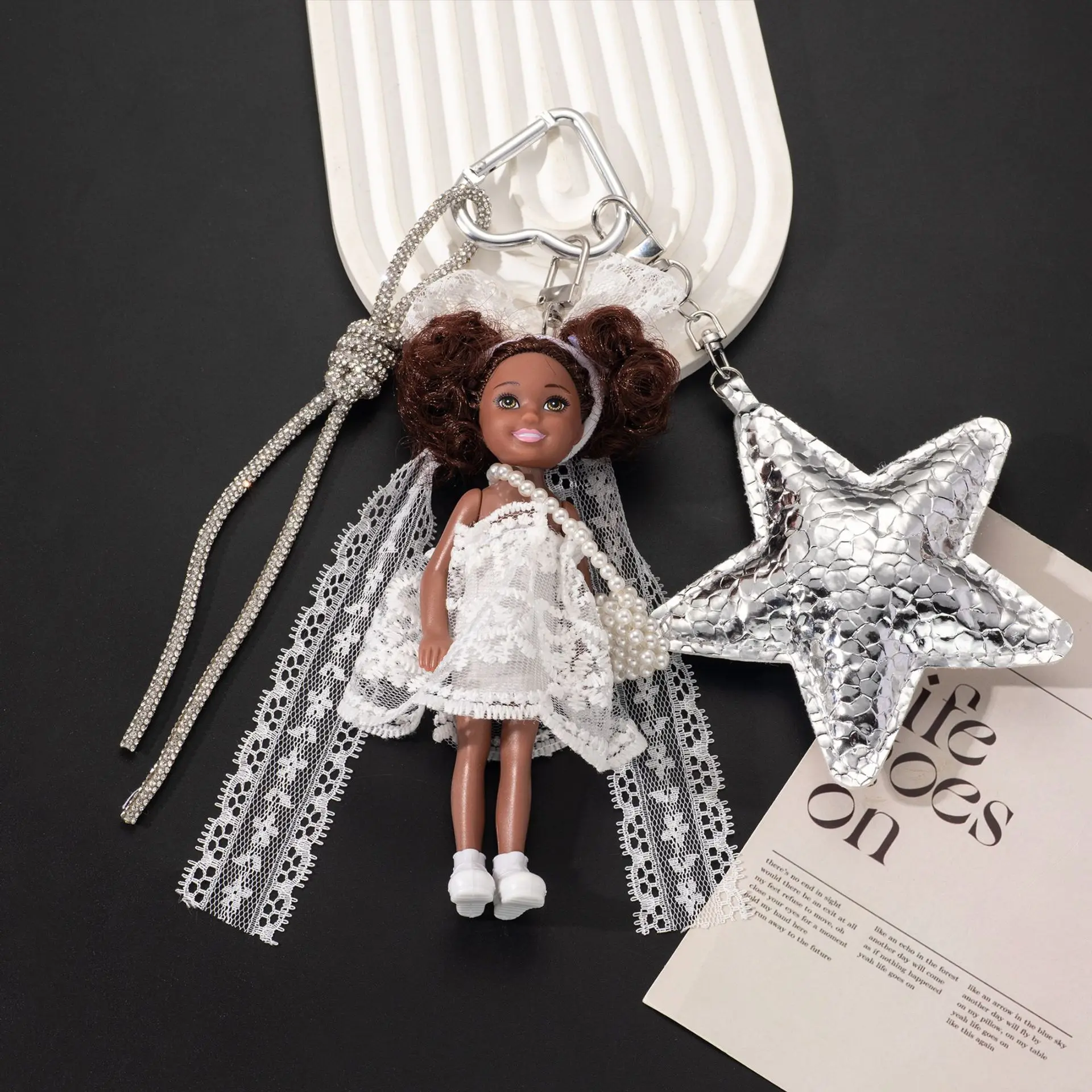 Korean Version Cute Sweet White Lace Dress Princess Doll 1/8 BJD African Doll With Star Accessories Bag Decoration Small Gift