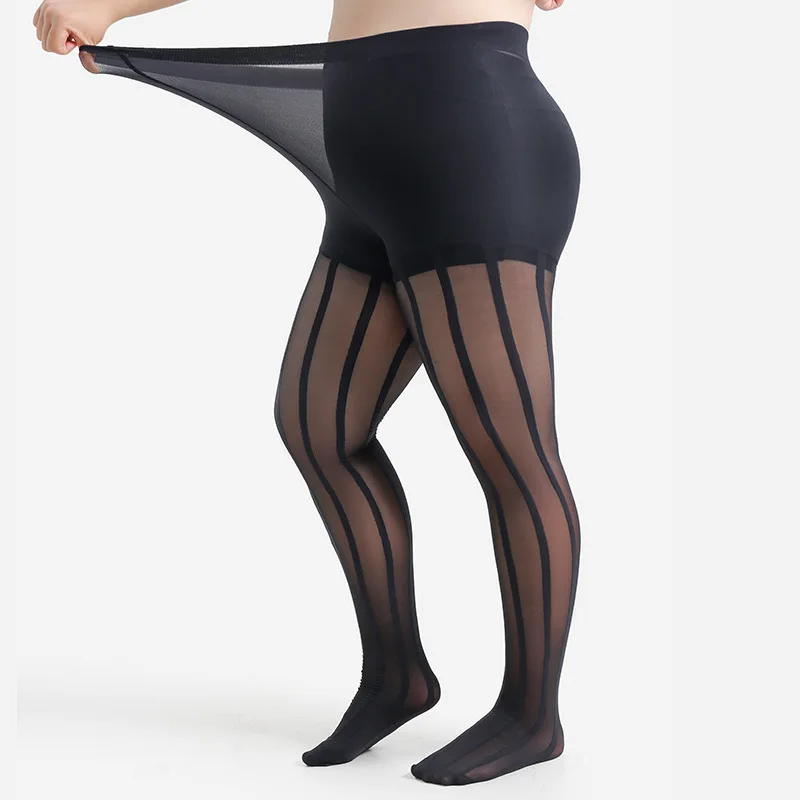 

Plus Size Vertical Stripe Jacquard Tights Sexy See-Through Sheer Stockings Tummy Control Waistband Gusset Crotch Pantyhose 4XL