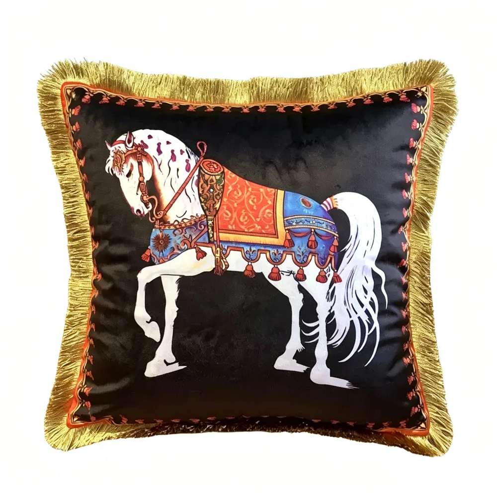 Luxurious Horse Orange Pillow Case Velvet Black Print Gold Fringe Cushion Cover High-end Sofa Decorative Gift 45x45cm 1 Pc Pack