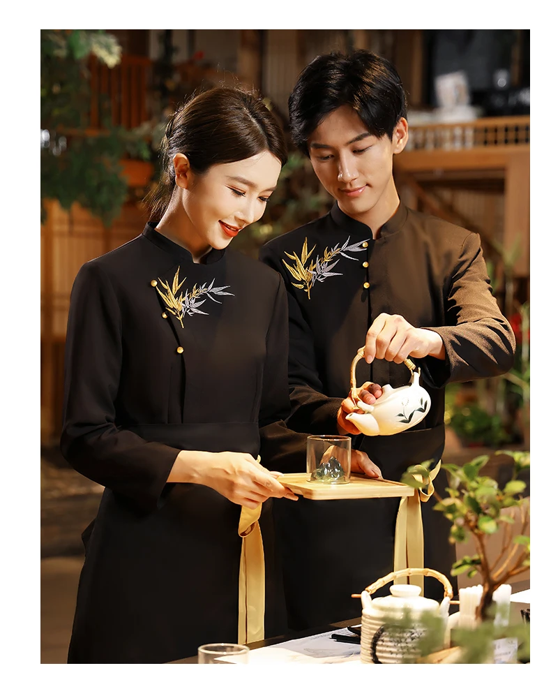 Uniforme de travail de Restaurant de Style chinois à manches longues pour femmes, tenue de serveuse d'hôtel de luxe, uniforme de nettoyage élégant, tenue de serveur, 2025