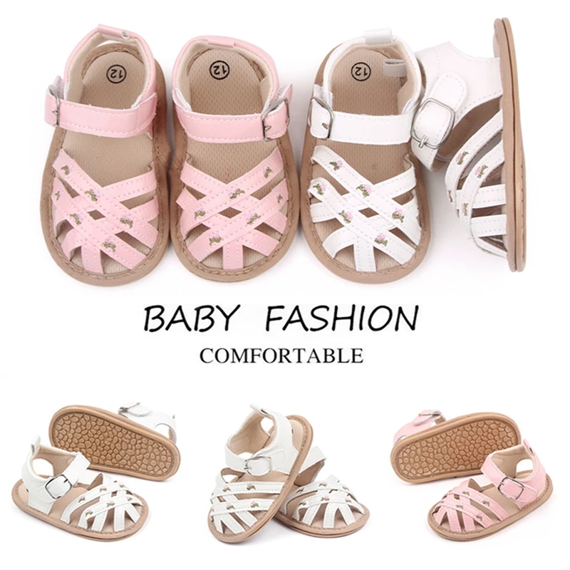 Baby Girls Summer Sandals Closed-Toe Floral Embroidery Flats Newborn First Walkers Crib Shoes