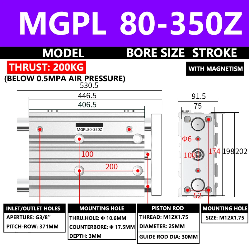 

ABILKEEN MGPL Series Pneumatic Compact Guide Cylinder MGPL80-350Z 80MM Bore X 350MM Stroke Three Axis Three Rod Air Cylinder