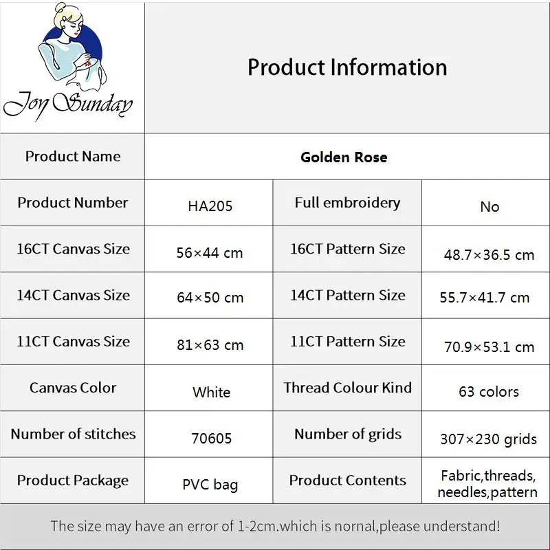 Joy Sunday Cross Stitch Kit Golden Rose 16CT 14CT 11CT Printed Cloth Handmade DIY  Embroidery Material Kit