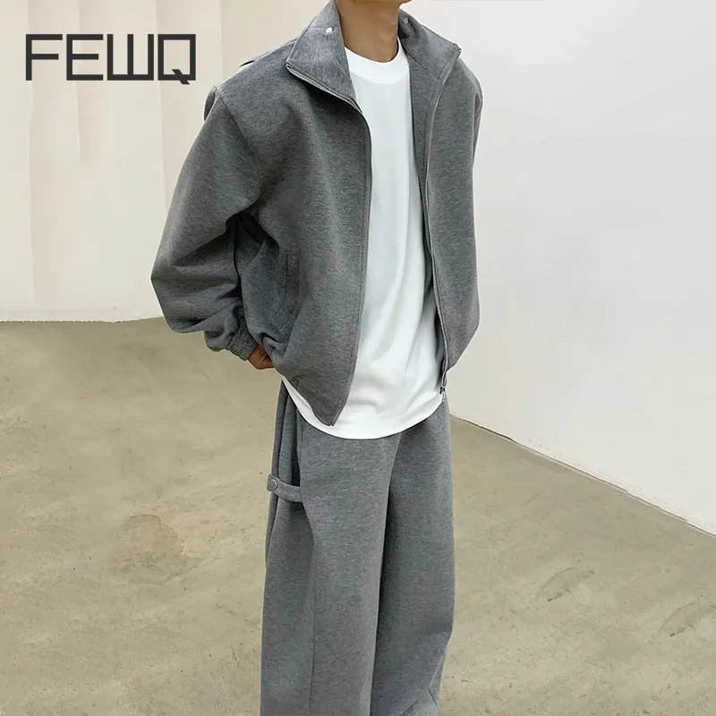 FEWQ Trendy Men\'s Casual Sports Suit Cardigan Hoodie Loose Straight Leg Wide Leg Pants 2024 Solid Color Korean Fashion 24X8302