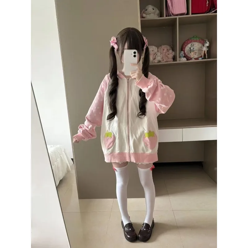 

Japanese Kawaii Rabbit Ears Hoodies Loose Polka Dot Patchwork Women Cute Harajuku Y2k Aesthetic Coat Pink Sweet Girl Sweatshirt